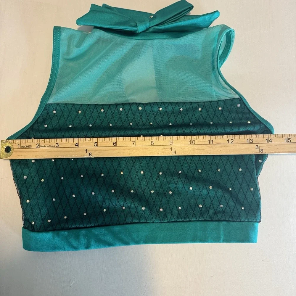 Weissman Elite Dance Costume SA Rhinestones & Ostrich Feathers Teal Bow 2pc Set